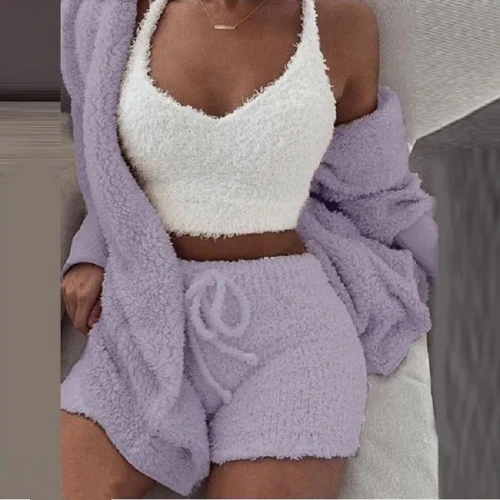 Fluffy Pajamas Set for Women Casual Sleepwear Tank Top and Shorts Plus Size Hoodie Leisure Homsuit Winter Teddy 3 Pieces Pijamas - AliExpress 