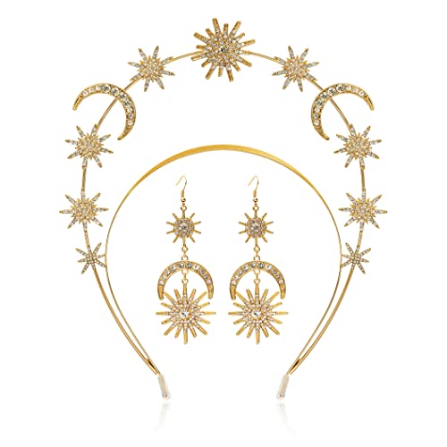 Zivyes Star and Moon Halo Crown Goddess Crown Celestial Headband Starburst Halo Wedding Bridal Prom Tiara - 3-Gold Set