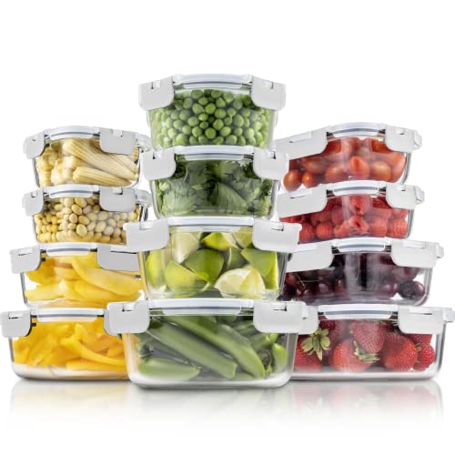 FineDine 24-Piece Superior Glass Food Storage Containers Set - Newly Innovated Hinged Locking lids - 100% Leakproof Glass Meal-Prep Containers, Great On-the-Go & Freezer-to-Oven-Safe Food Containers - White