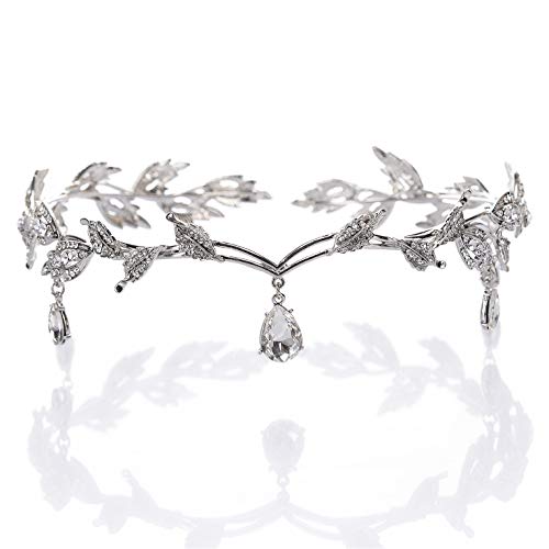 SWEETV Rhinestone Leaf Wedding Crown Headband for Brides, Crystal Pendent Fairy Tiara Headband for Wedding Prom Birthday - Silver