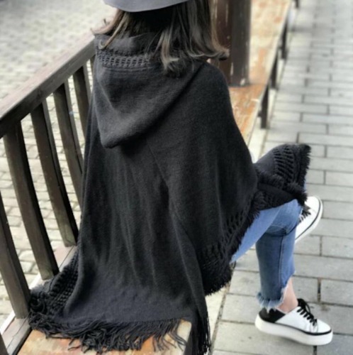 Womens Hooded Poncho with Fringe - Black / One Size