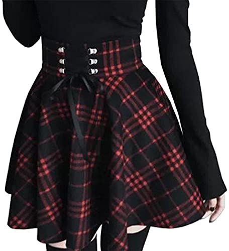 PADOLA Damen Faltenrock A-Linie Gothic Rock Kariert Plaid Rock High Waist Plissee Minirock Schulmädchen Rock Gothic Skirt zum Schnüren - M - Schwarz Rot Plaid