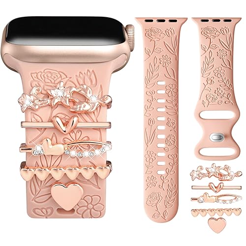 DaQin Flower Engraved Band Compatible with Apple Watch Bands for Women 40mm 38mm 41mm 42mm, Soft Silicone Band With Decorative Apple Watch Charms for iWatch Series 10 9 8 7 6 5 4 3 2 1 SE (With Band) - Pink Band/RoseGold Flower - 38mm/40mm/41mm/42mm(Series 10 )