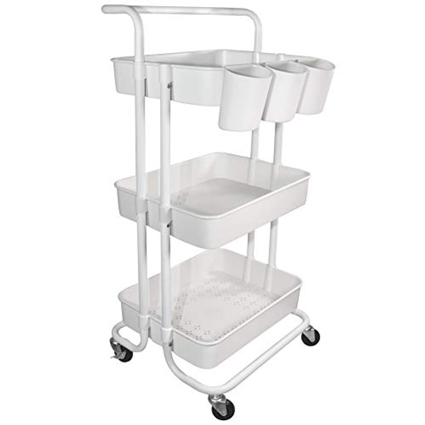 Ceeyali 3-Tier Rolling Utility Cart Storage Shelf Multifunction Organizer Storage Cart with Handle and Lockable Wheels and 3PCS Cup for Home Kitchen,Bathroom,Office,Laundry Room etc. (White)