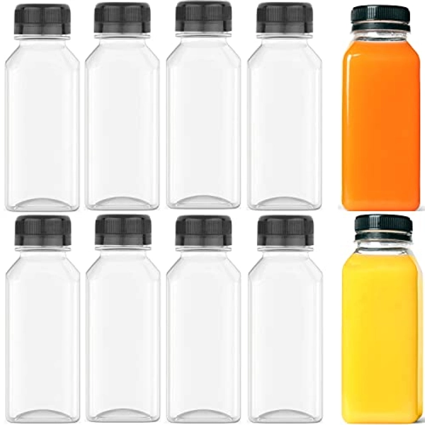 8 OZ Plastic Fillable Juice Bottles, Bulk Beverage Containers for Fruit Vegetable Juicing, Smoothie, Cold Drinks and Homemade Beverages, with Black Tamper Evident Lids(10 PCS)