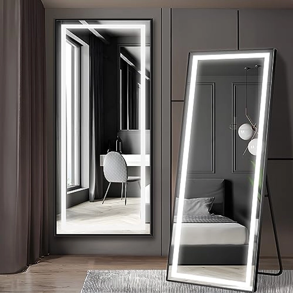 COFENY Full Length Mirror, 64" x 21" Led Mirror Full Length Black Floor Mirror with Lights Standing, Leaning or Hanging, Rectangle Full Body Mirrors Standing Mirror for Bedroom Living Room Bathroom