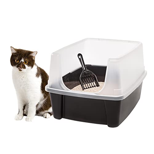 IRIS USA Open Top Cat Litter Tray with Scoop and Scatter Shield, Sturdy Easy to Clean Open Air Kitty Litter Pan with Tall Spray and Scatter Shield, Black/Clear - Open Top - Black