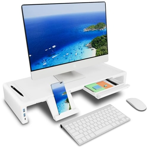 OImatser Monitor Stand Riser 3.0 USB HUB, Type-C Data Port, Foldable Computer Monitor Riser, Adjustable Length Computer Stand and Storage Drawer & Pen Slot, Phone Stand for Computer - White-3.0 USB