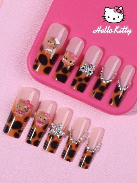 Sanrio Sanrio Hello Kitty 24pcs Long Coffin Brown Leopard Pattern Design French Press-On Nails - Cute 3d Hello Kitty Decoration With Stars, Rhinestones Design Perfect Fit Acrylic False Nails Set. Contain 1pc Jelly Glue And 1pc Nail File Hello Kitty Nails For Women And Girls Daily Life And Party Use