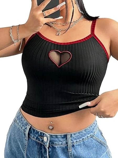 SOLY HUX Women's Plus Size Cami Crop Tops Contrast Mesh Spaghetti Strap Summer Top - 4X-Large Plus - Black Heart