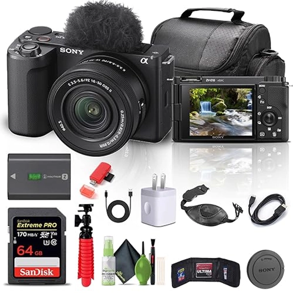 Sony Alpha ZV-E10 II Mirrorless Camera with 16-50mm Lens (Black) (ZVE10M2KB) + 64GB Memory Card + Bag + Card Reader + HDMI Cable + Flex Tripod + Hand Strap + Memory Wallet + Cleaning Kit (Renewed)