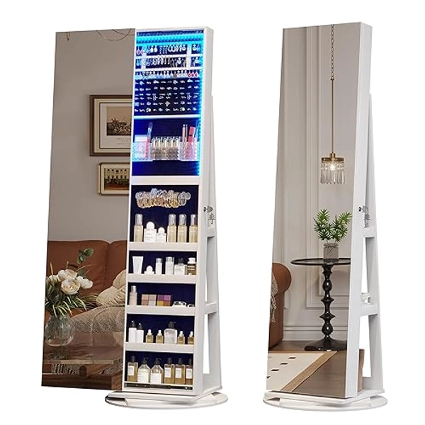 LVSOMT 360° Swivel Jewelry Mirror Cabinet with Lights, Standing Jewelry Armoire Organizer, 63" Rotatable Full-Length Mirror with Jewelry Storage, Lockable with Back Storage Shelve, White