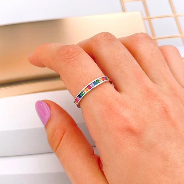 Rainbow eternity band ring for women, Sterling Silver multicolor baguette cz ring, colorful stackable ring, pride couple ring, gift for her
