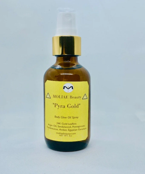 ⭐ Pyra Gold | Body Glow Oil Spray | 24kt Gold | Argan Oil |Sandalwood | Pomegranate | Frankincense | Amber | Egyptian Geraniums
