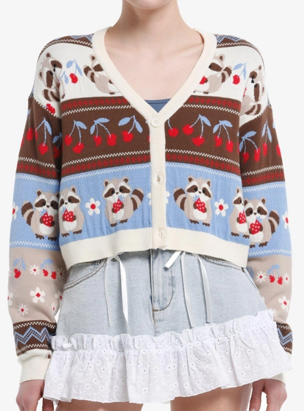 Thorn & Fable Raccoons & Cherries Girls Cardigan