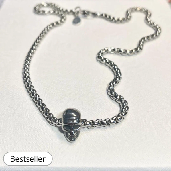 Stainless Steel Skull Necklace, Stainless Steel Round Box Chain, Goth Jewelry, Punk Necklace, Skull Necklace, Unisex Necklace