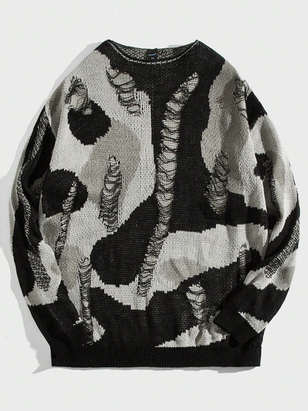 ROMWE Grunge Punk Men Patchwork Distressed Pullover Sweater, School