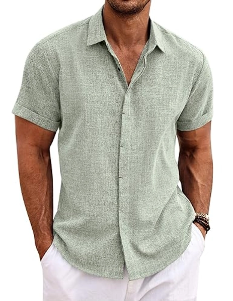 COOFANDY Men's Linen Shirts Short Sleeve Casual Shirts Button Down Shirt for Men Beach Summer Wedding Shirt - Medium - Light Green