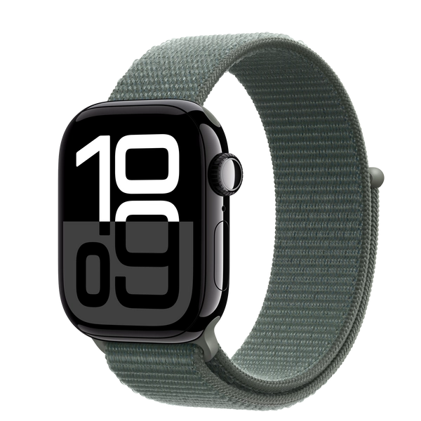 Apple Watch Series 10 GPS, 42mm Jet Black Aluminium Case with Sage Sport Loop