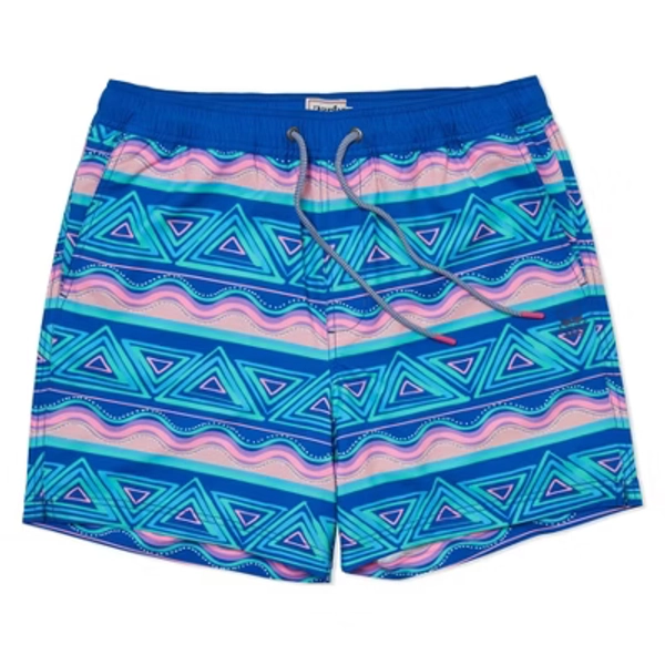 Party Pants Men's Striped Fiesta Swimsuit Bottom - Blue L: Polyester-Spandex Blend, Built-in Boxer, Pockets, Mid Rise, 5" Inseam