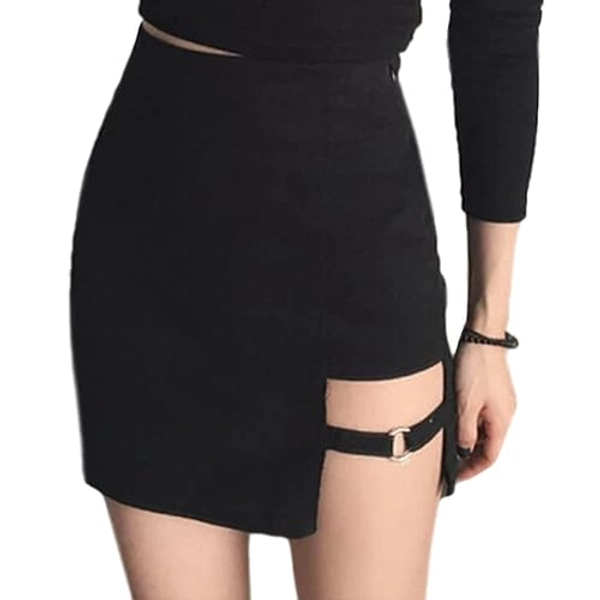 Women Sexy Hollow Out Goth Punk Rock Shorts High Waist Metal Buckle Dance Short for Party Club - Black - Large