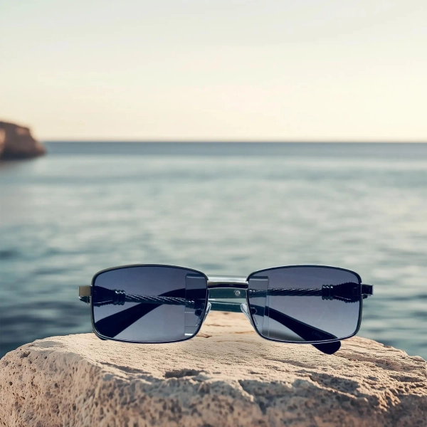 Square Full Frame Blue  Lens Sunglasses, Full Frame Square Silver Frame SunGlasses, Silver Frame With Leopard Head On Arms SunGlasses.