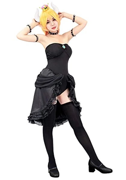 C-ZOFEK Women's Bowsette Cosplay Costume Black Dress with Accessories