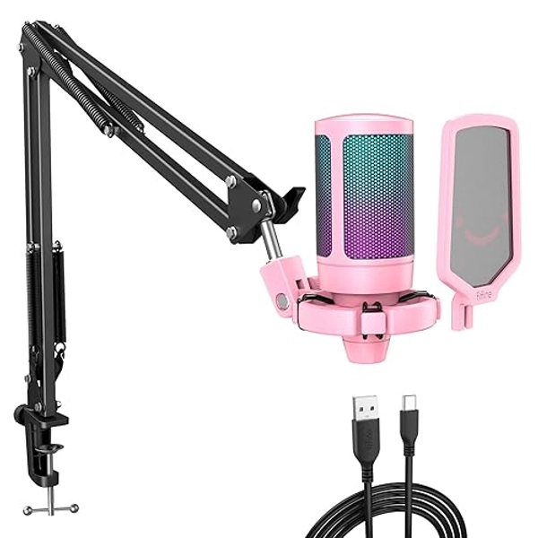 Fifine PC Gaming Microphone Kit, USB Streaming Condenser Computer Mic Set on Computer PS5, for Recording, Podcasting, Video, with RGB Lighting, Boom Arm Stand, Tap-to-Mute, Gain Knob-A6T Pink