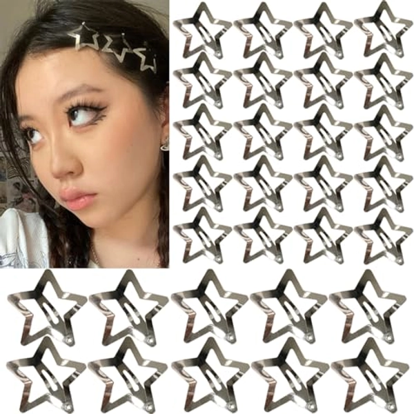 30 PCS Star Hair Clips,20PCS 1.22"Star Hair Clip and 10 PCS 1.65"Star Hair Clips Snap Star Hair Accessories Non Slip Star Clips for Girls Women Y2K Accessories Silver Metal Hair Clips