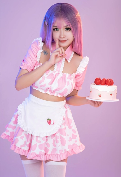 Sexy Lingerie Set Milk Maid Outfit Pink Cow Pattern Kawaii Ruffle Short Top and Skirt Set with Apron