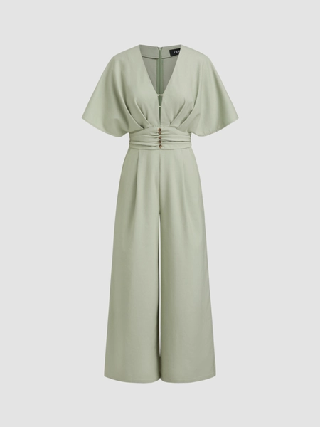 Linen-blend V-neck Ruched Dolman Sleeve Jumpsuit