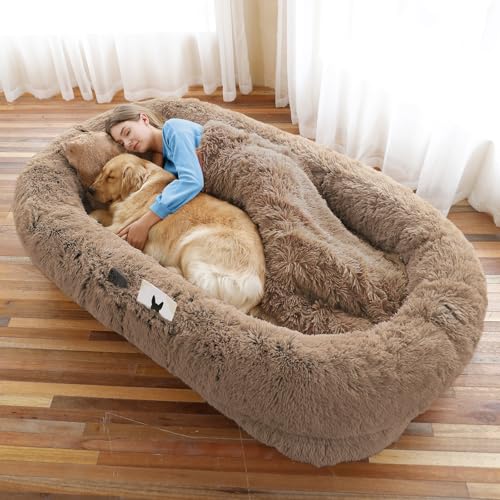 WROS Human Dog Bed, Large Dog Beds for Humans Size Fits You and Pets, Washable Faux Fur Orthopedic Human Dog Bed for People Doze Off, Napping, Present Pillow, Blanket, Strap - Khaki - 71.0"L x 45.0"W x 12.0"Th - Khaki