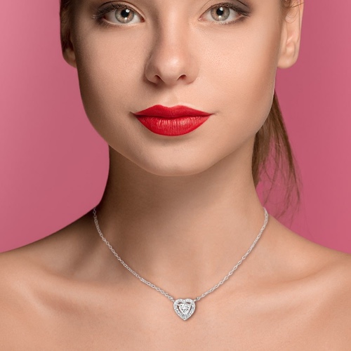 Bundle: 1.5 Carat Halo Heart Stud Earrings & 2 Carat Halo Heart Necklace/18K White Gold & Cubic Zirconia