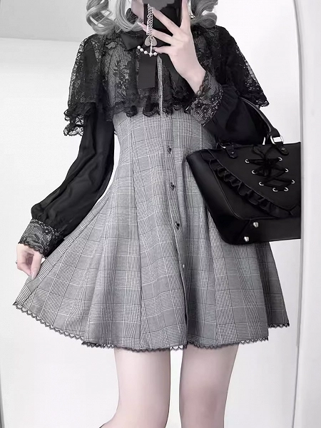 [$53.00]Jirai Kei Lace Shawl-Cape Dress in Black & White Houndstooth | Long Sleeve Dress