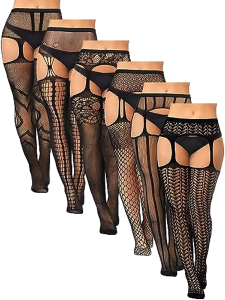 6 Pairs Women Plus Size Fishnet Thigh High Stockings Suspender Garter Belt Lingerie Pantyhose Tights Fits XL-XXXXL