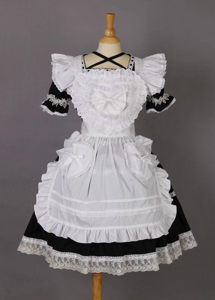 Short Sleeves Lace Trim Cute Cotton Cosplay Maid Costume