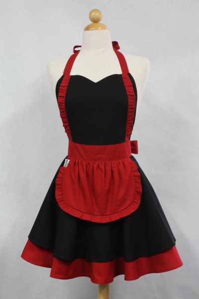 Apron French Maid Solid Black with Red Double Circle Skirt Retro Full Apron