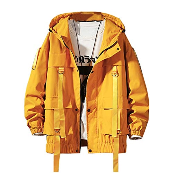 Tealun Men Streetwear Hip Hop Bomber Jacket Harajuku Ribbons Pockets Windbreaker Korean Style Fashions Clothing Yellow M