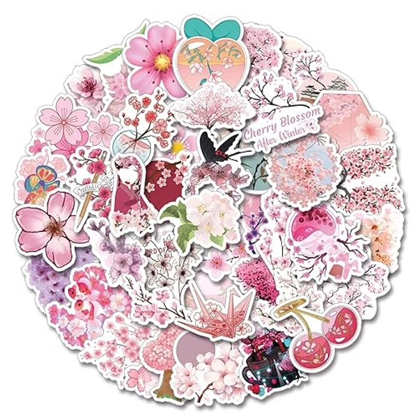 62Pcs Cherry Blossom Flowers Aesthetic Stickers Pack, Kawaii Vinyl Waterproof Sticker Decals for Water Bottle,Laptop,Phone,Scrapbooking,Journal Gifts for Adults Teens Kids for Party Supply Favor Decor
