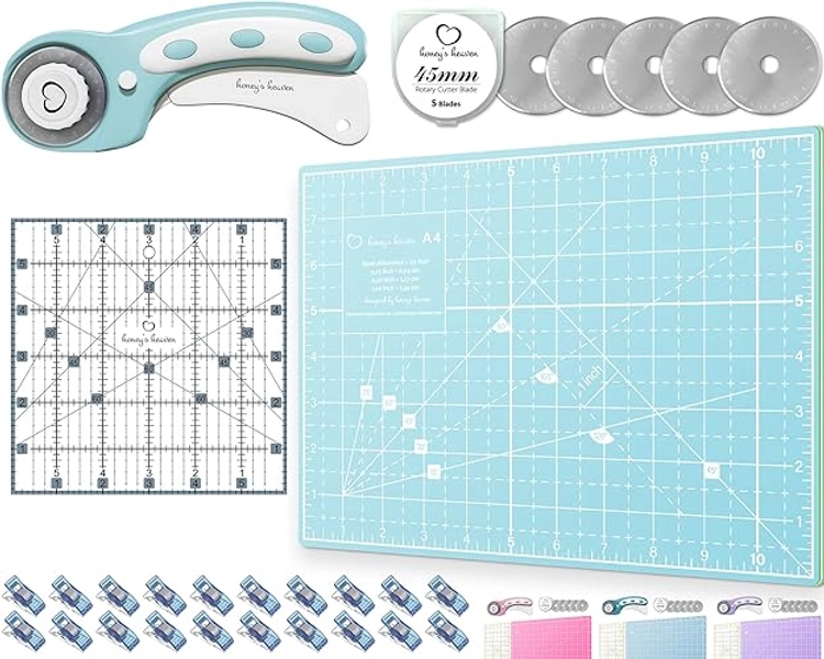 Rotary Cutter Set - Quilting Kit incl. 45mm Fabric Cutter, 5 Replacement Blades, A4 Cutting Mat, Acrylic Ruler and Craft Clips - Ideal for Crafting, Sewing, Patchworking, Crochet (Turquoise, A4)
