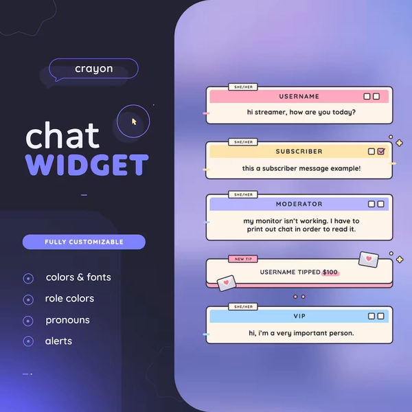 Crayon Chat Widget With Alerts Cute Fully Customizable Custom Chat With Events & Role Details Twitch Streamers Streamelements OBS - Etsy.de