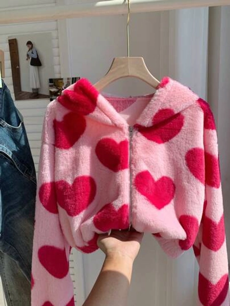 Comfortcana Chaqueta casual con capucha de felpa con estampado de corazón para mujer para otoño/invierno