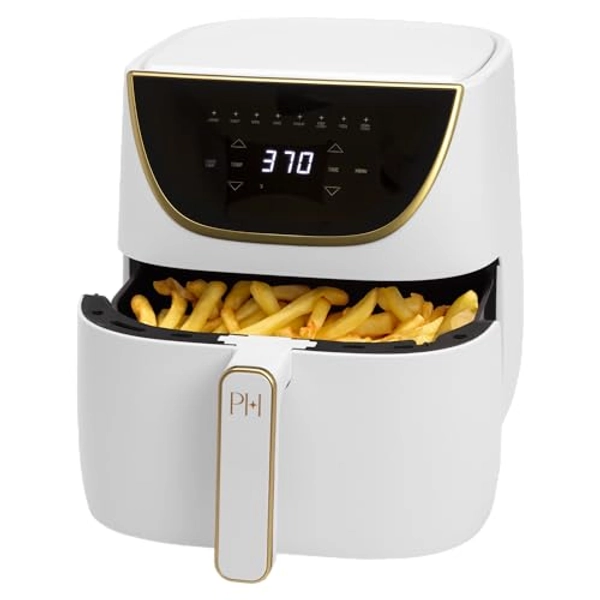 Paris Hilton Air Fryer, Large 6-Quart Capacity, Touchscreen Display, 8-in-1 (Air Fry, Roast, Broil, Bake, Reheat, Keep Warm, Pizza, Dehydrate), Dishwasher Safe and Nonstick Basket and Crisper, White