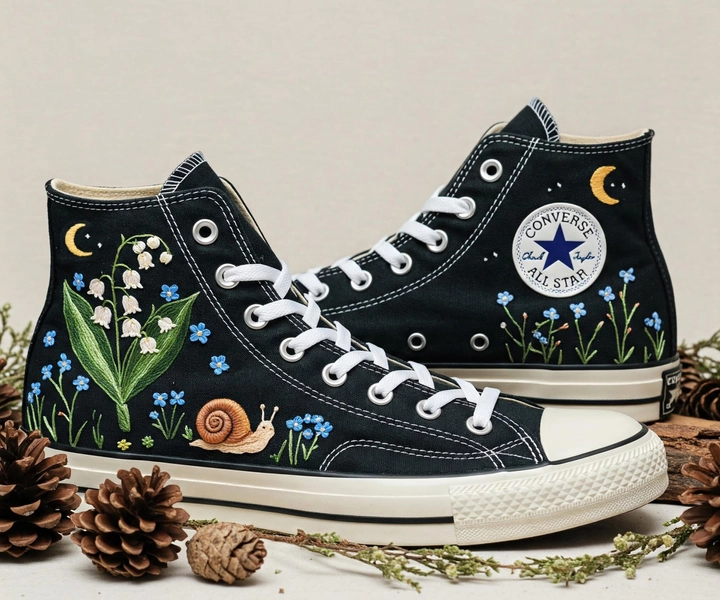 Hand-Embroidered Converse: Snail, Lily of the Valley
