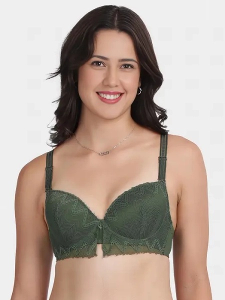 Shyle Forest Green Decorative Lace Padded Wired Pushup Bra