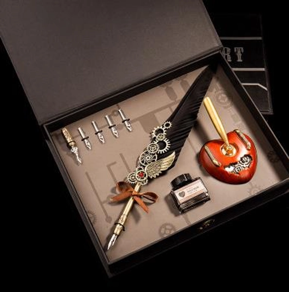 Angel's Wing Feather Pen Set Unique Gifts for Calligraphy Lover Dip Pen - Black