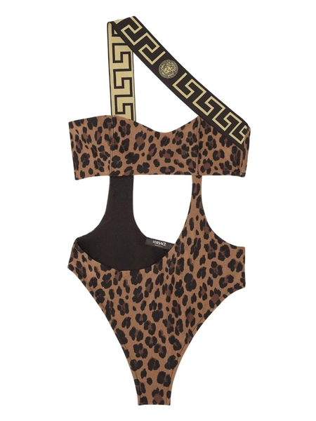 Greca-trim leopard print swimsuit