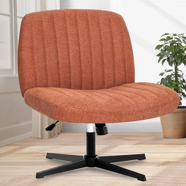 Orange Factory Cross Legged Office Desk Chair No Wheels Fabric Padded Modern Swivel Height Adjustable Wide Seat Computer Task Vanity Chair for Home Office Mid Back Accent Chair (Brown)