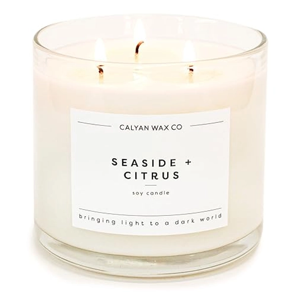Calyan Wax Scented Candle, Seaside & Citrus, 3 Wick Candle for The Home Scented with Lemon & Cedarwood, 14.9 oz Soy Wax Candles with 43 Hour Burn Time, Non Toxic Large Candles in Glass Jar