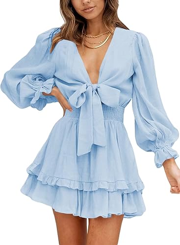 Dokotoo Womens Casual Spring Summer 2025 Deep V Neck Knotted Tiered Chiffon Elegant Mini Short Swing Skater Dresses - Small - 3 Blue